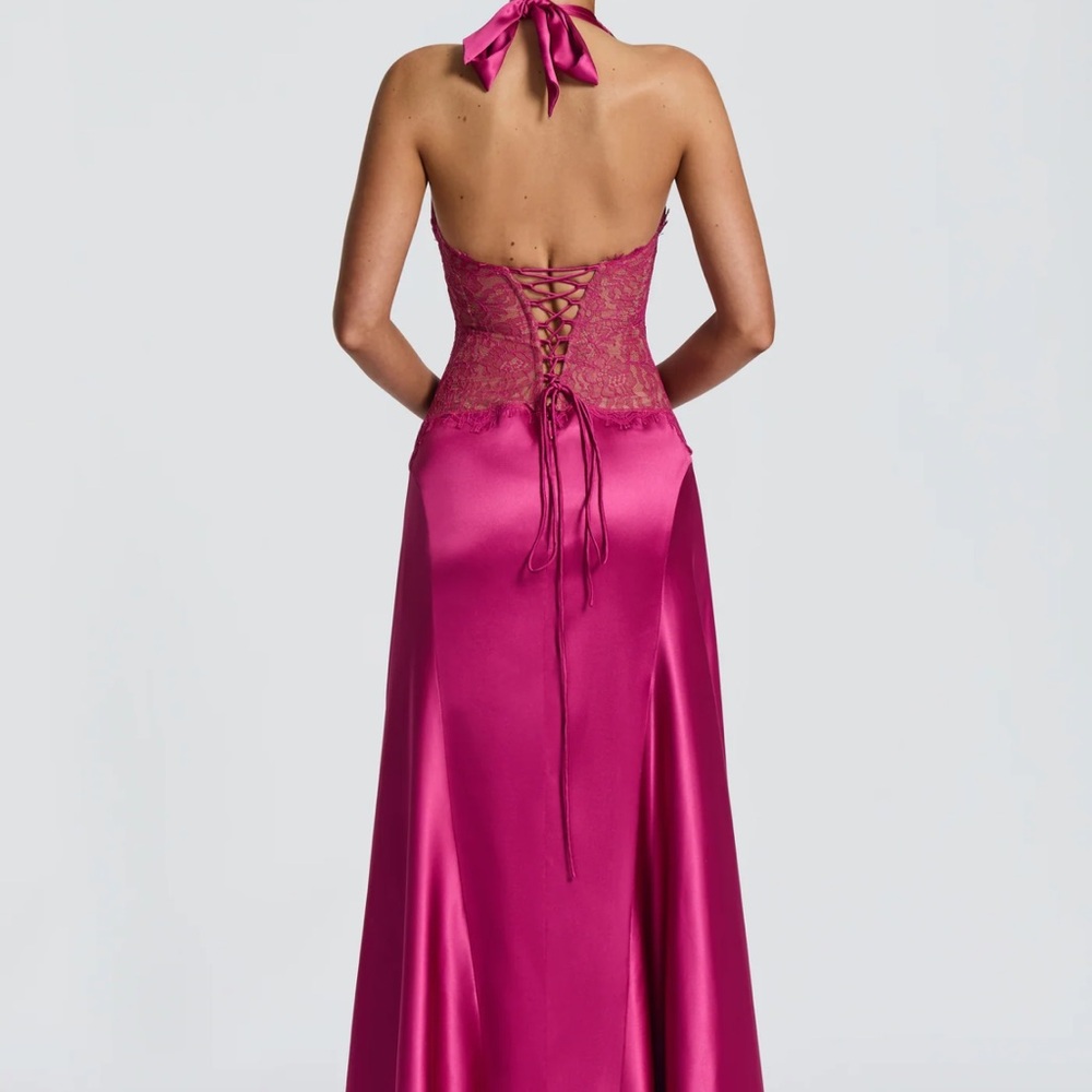 Hot Pink Plunging Halter Evening Gown - Picture 3 of 4